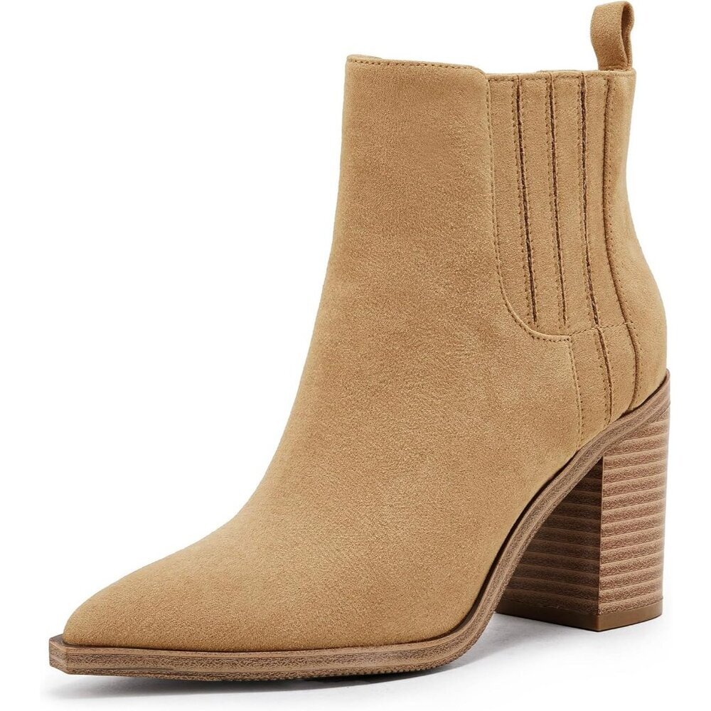 Womens Khaki Faux Leather Slip on Pointed Toe Chunky Block Mid Heel Booties